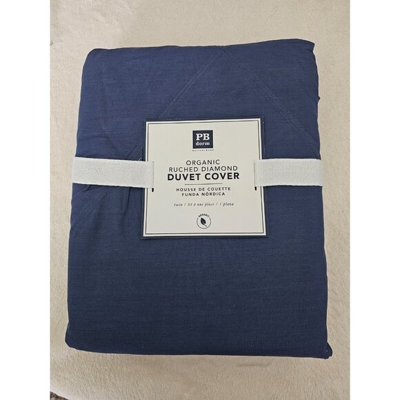 NWT Pottery Barn Dorm Organic Ruched Diamond Duvet Covet Blue Twin Reg. $69 - Picture 1 of 5